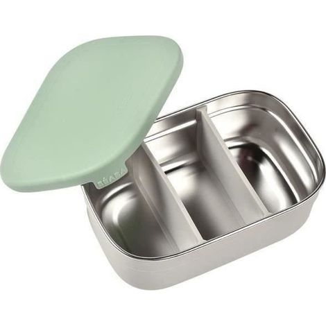 BEABA, Fiambrera infantil de acero inoxidable, tapa de silicona y funda protectora, Gris terciopelo y verde salvia (1/3)