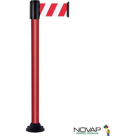 Poteau Alu Rouge laqué à sangle Rouge/Blanc hachuré 3m x 100mm sur socle fixe - 2700092