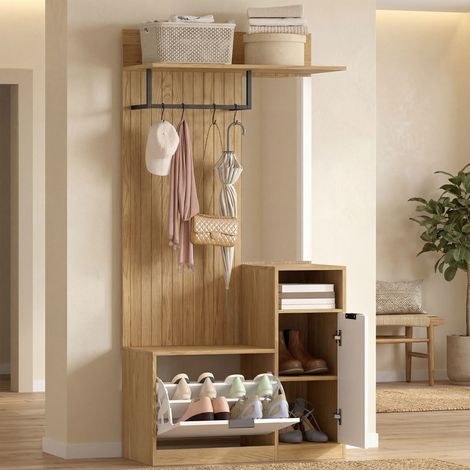 Porte manteaux de Blanc couloir avec poteau 4 crochets banc intégré chaussures et rangement chêne