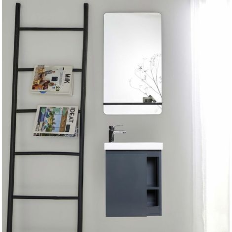 Mob-In – Meuble lave-mains HAMPTON 80 cm – Vasque en résine synthétique – Rangement latéral avec étagères – Miroir rectangulaire 40 x 70 cm (1/5)