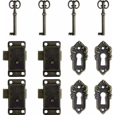 Lot de 4 serrures de placard antiques en alliage de zinc vieilli avec 4 boutons de tiroir vintage Bronze antique Pour casiers Boîte aux lettres Boîte à bijoux Vitrines,