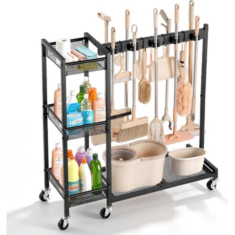 VEVOR Organizzatore per Scope e Prodotti di Pulizia con Ruote Flessibili, Carrello Metallico per Garage con Supporto per Mocio, per Scope, Detergenti e Spazzole, Struttura Robusta in Acciaio, Nero (1/5)