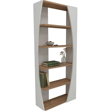 Equo Regal, 4-Fächer Bücherschrank, Freistehend, Farbverlauf Eiche Struktur, 64x24x150h cm Weiß
