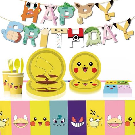 Kit Decoration Fete Pikachu - Assortiment Vaisselle Jetable Et Accessoires Theme Pokemon - Pour Anniversaire Enfant - 10 Assiettes 18 Cm 10 Assiettes 23 Cm 10 Gobelets 1 Nappe 1 Banderoles 10 Couverts (1/4)