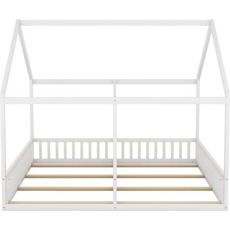 Lit cabane double pour enfants en pin 90x200, avec cloture, blanc (1/5)