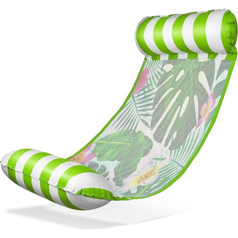 Chaise d'hamac d'eau tropicale à rayures vert-blanc (130×70 cm) – Chaise de conduite fraîche avec impression de feuilles et filet de refroidissement, parfaite pour la piscine et plus