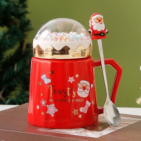 Tasse De Noël - En Céramique - 400 Ml - Avec Soucoupe Et Cuillère - Couvercle En Forme De Chapeau De Père Noël - Rouge (1/5)
