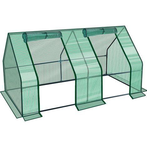 Jiubiaz Mini Gewächshaus 180x90x90cm Foliengewächshaus für draußen Treibhaus mit Reißverschluss und 2 Fenstern Gitternetzfolie Grün