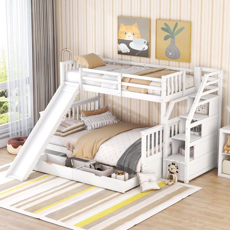 Lit superposé 90 x 200 sur 140 x 200 avec tiroirs, rangements et toboggan, multifonction, blanc (1/5)