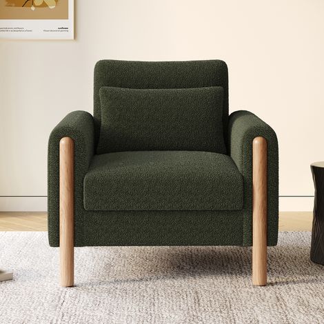 Canapé relax avec coussin épais, 1 place, en teddy et structure bois massif, vert