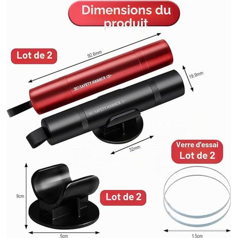 Marteau de Secours pour Voiture avec Coupe-Ceinture et Brise-vitre, Marteau de sécurité Multifonctionnel pour Voiture (avec Verre de Test + Socle) (1/3)