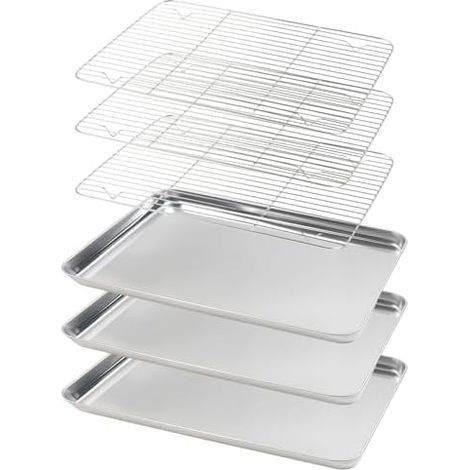 Lot de plaques de cuisson avec grille de refroidissement (3 plaques de cuisson + 3 grilles de refroidissement), en acier inoxydable de qualité alimentaire pour cuire, griller, refroidir et égoutter (1/5)