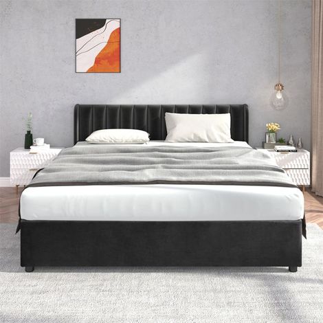 Lit rembourré 180x200 velours noir avec sommier à lattes, tête de lit et 2 tiroirs