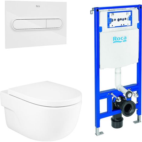 ROCA PACK MERIDIAN+DUPLO Inodoro Suspendido Rimless Pulsador Blanco - Asiento: Caida Normal - ref: A34624L+A8012A000B+A890070020+A890195000 (1/2)