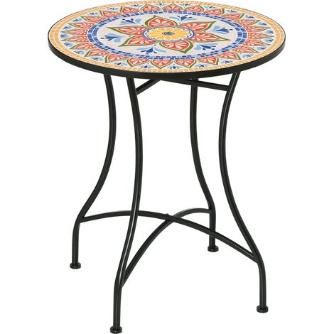 Gartentisch Ø60 cm, Wetterfest Balkontisch aus Metall, Esstisch Outdoor, Campingtisch Beistelltisch, rund Terrassentisch für Garten Terrasse Balkon Rot+Blau+Weiß