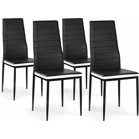 Idmarket – Lot de 4 chaises ROMANE noires – Assise matelassée avec bandeau blanc – Design contemporain pour salle à manger – Pieds métal peints noir