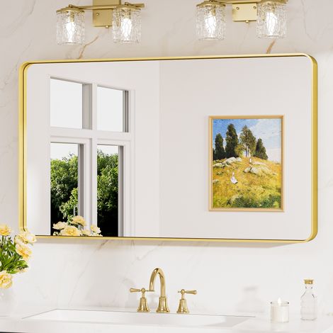 Keonjinn Wandspiegel mit Robust Gehärtetem Glas, 100x60cm Badezimmerspiegel mit Alurahmen, Rechteckiger Badspiegel Vertikal und Horizontal möglich, Gebürstet Gold