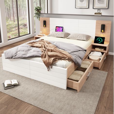 CHICFURN Letto matrimoniale 180x200 cm in legno e MDF bianco rovere con contenitori (1/5)