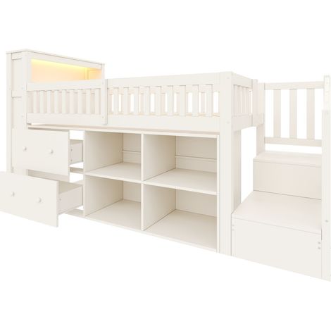 Halbhohes Bett 90 x 200 cm Weiß mit Schubladen, Stauraum, Leiter und LED-Beleuchtung MODENUIT (1/5)