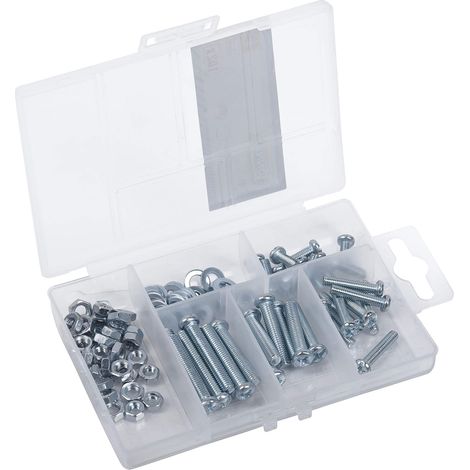 Assortiment de 102 vis filetées - Différentes tailles - Tête bombée - Entraînement PH Phillips - Filetage complet - Avec écrous et rondelles - Jeu de vis - Boîte d'assortiment (1/5)