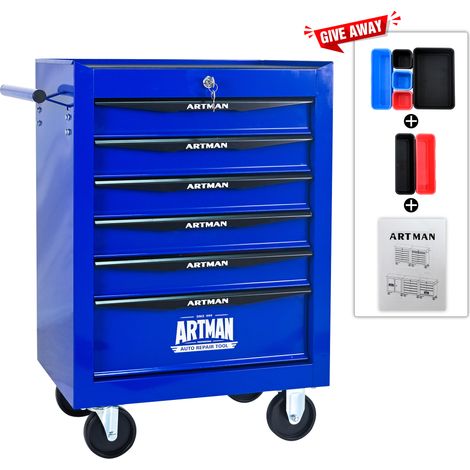 Armoire à outils mobile en métal à 6 tiroirs, 508 mm (20 pouces), avec 6 tiroirs et glissières à billes, boîte à outils de rangement en acier – noir et bleu (1/4)