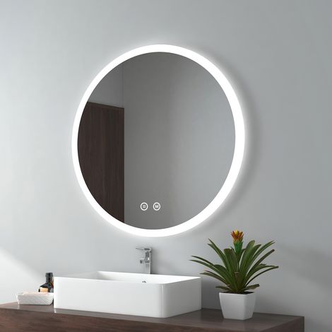 EMKE Miroir de salle de bain rond avec Interrupteur tactile, Anti-buée, Fonction mémoire 80cm diamètre Lumière chaud / Blanc froid / Neutre (1/5)