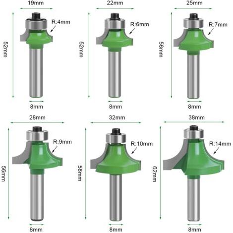 Lot de 6 Fraise Défonceuse à Bois 8 mm, Fraise Quart de Rond avec Tige 8 mm, Fraises pour Défonceuse à Bois, Fraise à Rainurer Arrondi pour le Travail du Bois (6) (1/4)