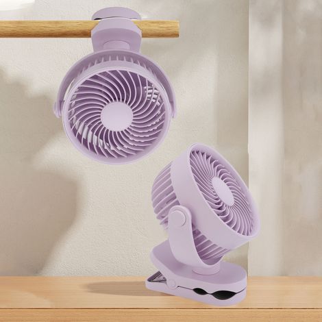 Ventilador portátil recargable USB con clip, color morado, giratorio 360°, silencioso, portátil para oficina, camping, playa, de ABS, pequeño, con batería de 2000 mAh. (1/5)