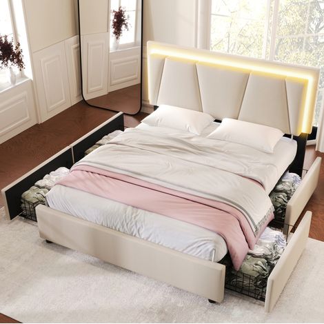 Bett 140x200 cm Beige mit 4 Schubladen, LED und Holzlatten, ohne Matratze – MEUBLIV (1/5)