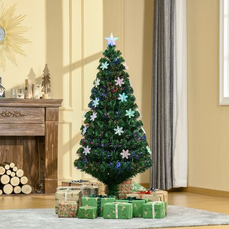 Sapin de Noël artificiel 150cm doté de lumières LED, flocons de neige et fibre optique, décoration de Noël avec lumières multicolores (1/4)