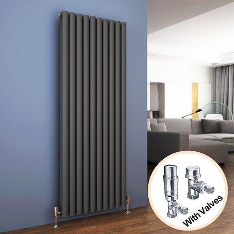 ELEGANT Vertical Column Designer Radiator Anthracite Oval Double Panel Rad 1600 x 590mm + Chrome Thermostatic Radiator Valves (1/5)