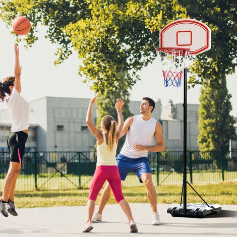 Panier de basket portable pour intérieur et extérieur, hauteur réglable sur 5 niveaux (175-215 cm), avec roulettes, cadre en métal et base lestable, panneau en PE (1/5)