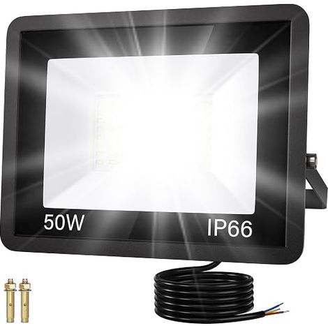 50W 5500LM 6500K Cool White LED Floodlight, IP66 Waterproof, Energy Saving, Flexible Installation for Garden, Patio and Security, No Plug (1, 50 Watts) (1/5)