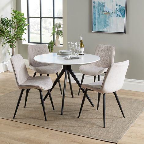 Aspen Round Dining Table with 4 Diamond Stitch Fabric Dining Chairs - Natural/Black/White - Flat Packed