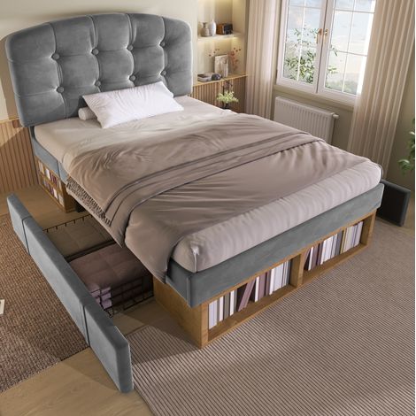 Cama tapizada de terciopelo gris 90x200 cm, con cabecero regulable, somier de láminas, cajones y almacenaje (1/5)