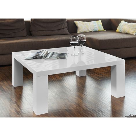 Table basse de salon moderne blanc laqué brillant avec pieds larges 90 x 90 x 40 cm - PANGIVO (1/3)