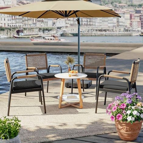 Lot de 4 Chaises de Jardin en Rotin avec Coussins, Fauteuils Extérieurs avec Accoudoirs et Structure Métallique (1/5)