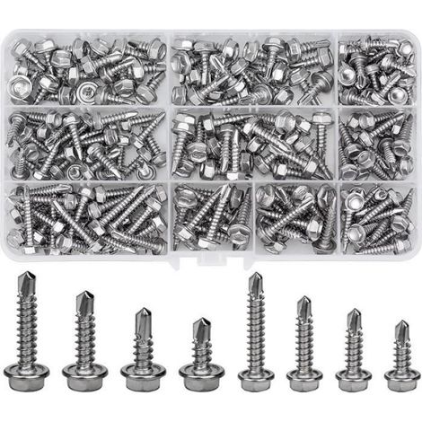 200 pcs vis autoforeuse inox, vis perforante metal, vis autoperceuse à tête hexagonale m4.2 m4.8 assortiment kit (1/4)