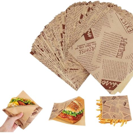100 Blatt – Lebensmittelverpackungspapier – Sandwichpapier, Hamburgerpapier – Fettdichtes Papier, quadratisch – Braun – Geeignet für Hamburger, Brötchen, Hähnchenbrustfilets usw. (1/4)