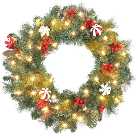 Couronne de Noël - HOMCOM - 50 LED, minuterie, 146 pointes, pommes de pin, baies, boules décoratives - plastique - 60 cm - vert (1/5)