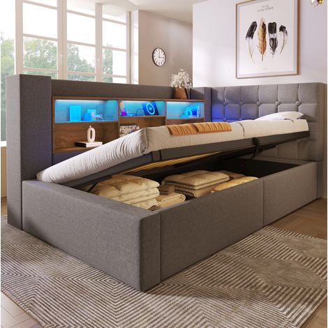 Lit capitonné moderne 90x200 cm en लिन gris, avec tête de lit en L réversible, LED, ports USB et coffre de rangement (1/5)