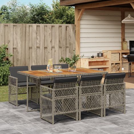 Set comedor jardín 7 pzas y cojines ratán sintético gris vidaXL