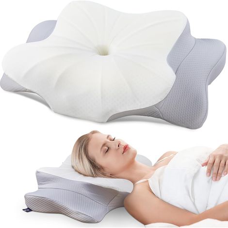 Ergonomisches Nackenkissen für Seiten-, Rücken- und Bauchschläfer, Memory-Schaum-Kissen für Nacken und Schultern, mit Kissenbezug, 63 x 38 x 9/14 cm, Hellgrau