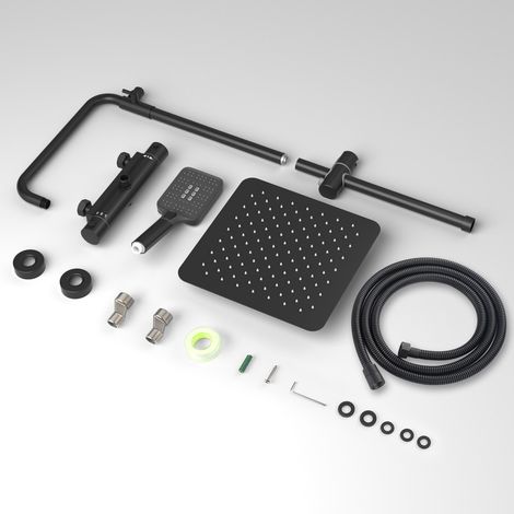 Colonne de douche thermostatique noire – Douche de tête carrée 30 x 30 cm en acier inoxydable – Thermostat avec sécurité à 38℃ – Pommeau pivotant 360°