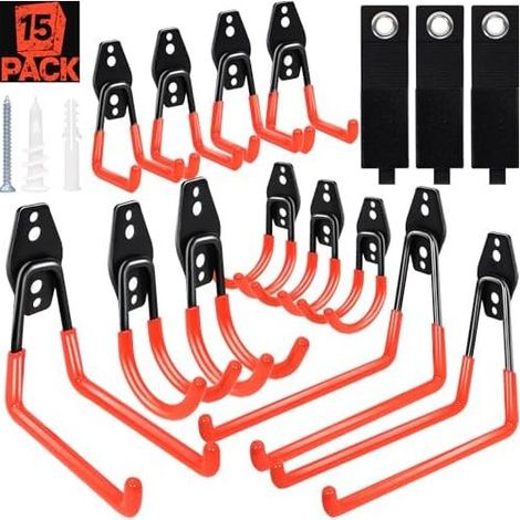 Set di 15 ganci da garage resistenti, sistema di stoccaggio per attrezzi da giardino, scale, biciclette, tubi da giardino, con rivestimento antiscivolo e montaggio a parete, arancione - (1/5)