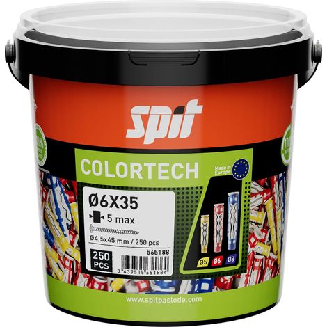 Tassello universale bi-materiale Colortech - 6 x 35 mm - Con vite a testa piatta - Secchio da 250 pezzi - SPIT - 565188