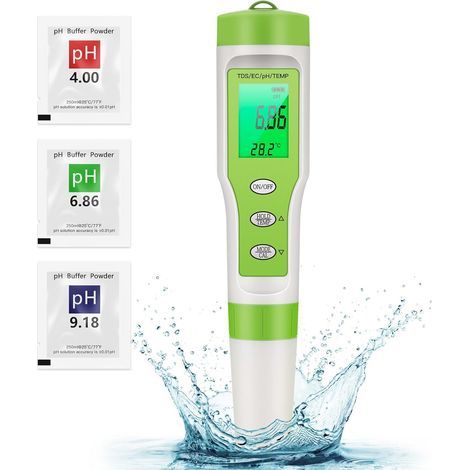 4-en-1 Testeur pH Piscine, Testeur de Qualité de l'eau PH/TDS/EC/Température de 2% Précision, 0-14 pH avec écran LCD Rétroéclairé, Étalonnage Automatique, pH et chlore Metre Electronique pour Eau (1/5)