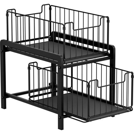 Rangement sous évier à 2 niveaux:Rangement sous évier en fer avec tiroirs coulissants - Rangement sous évier pour salle de bain, cuisine et bureau (Noir)