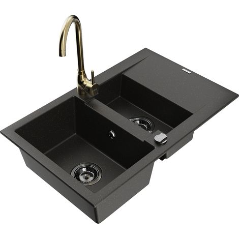 Mexen Gaspar évier en granit 1,5 bac avec égouttoir et robinet de cuisine Telma, noir/doré - 6507-75-670200-50-B (1/5)