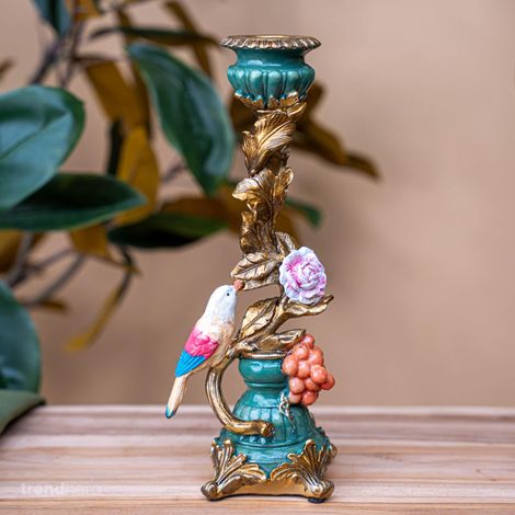 Bougeoir Décoratif en Forme d'Oiseau Coloris Doré Bleu et Vert - Grande Taille 28,8 x 11 cm - PANGIVO (1/2)
